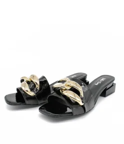 Fashionable Black Patent Link Detail Mules