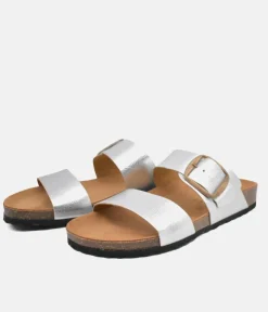 Fashionable Metallic Silver Twin Strap Sandal