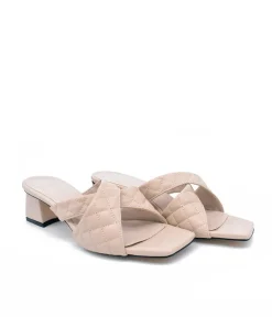 Fashionable Quilted Beige Block Heel Mules
