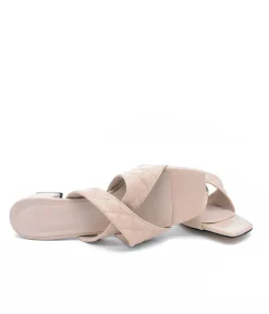 Fashionable Quilted Beige Block Heel Mules