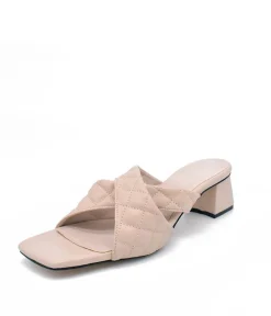 Fashionable Quilted Beige Block Heel Mules
