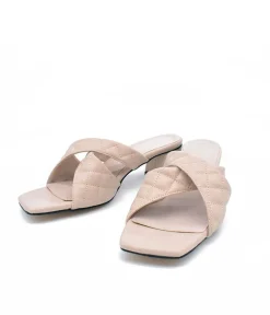 Fashionable Quilted Beige Block Heel Mules