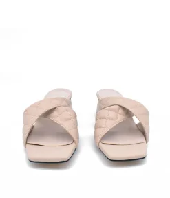 Fashionable Quilted Beige Block Heel Mules