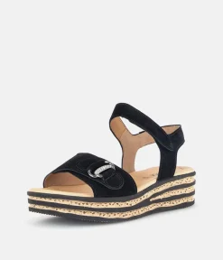Gabor Plush Black Suede Wedge Sandals