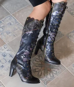 Laura Vita Exquisite Black Floral High Heel Boots