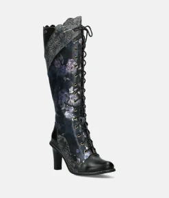 Laura Vita Exquisite Black Floral High Heel Boots