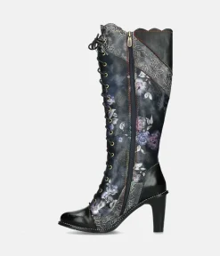 Laura Vita Exquisite Black Floral High Heel Boots