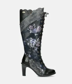 Laura Vita Exquisite Black Floral High Heel Boots