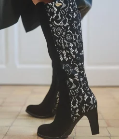 Laura Vita Glamourous Long Black Lacy Suede Boots