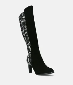 Laura Vita Glamourous Long Black Lacy Suede Boots