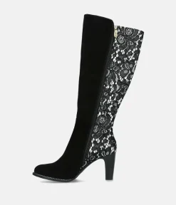 Laura Vita Glamourous Long Black Lacy Suede Boots