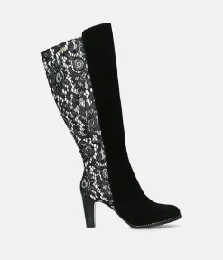 Laura Vita Glamourous Long Black Lacy Suede Boots