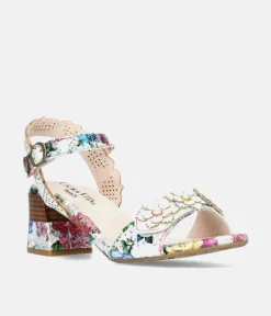 Laura Vita Pretty Beige Floral Block Heel Sandals