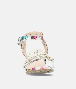 Laura Vita Pretty Beige Floral Block Heel Sandals