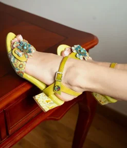 Laura Vita Pretty Green Floral Block Heel Sandals
