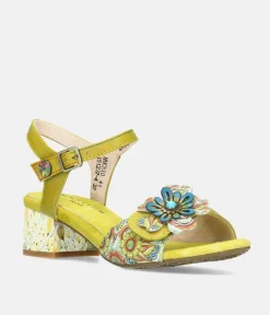 Laura Vita Pretty Green Floral Block Heel Sandals