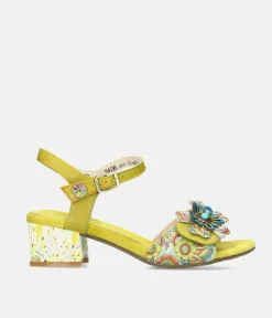 Laura Vita Pretty Green Floral Block Heel Sandals