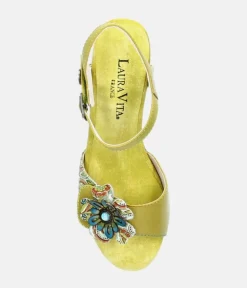 Laura Vita Pretty Green Floral Block Heel Sandals