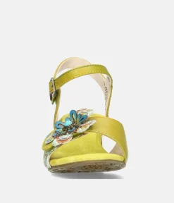 Laura Vita Pretty Green Floral Block Heel Sandals