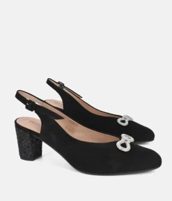 PieSanto Plush Black Suede Block Heel Slingbacks