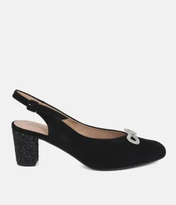 PieSanto Plush Black Suede Block Heel Slingbacks