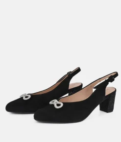 PieSanto Plush Black Suede Block Heel Slingbacks