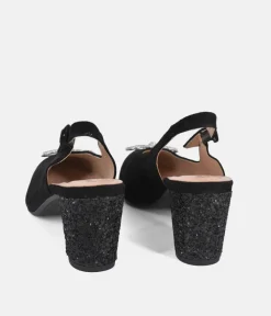 PieSanto Plush Black Suede Block Heel Slingbacks