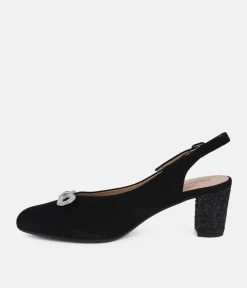PieSanto Plush Black Suede Block Heel Slingbacks
