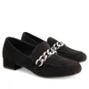 Plush Black Heeled Loafer with Chunky Chain