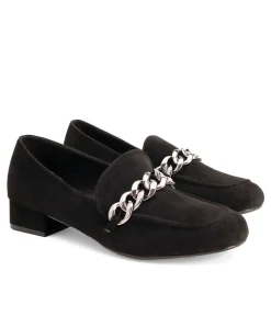 Plush Black Heeled Loafer with Chunky Chain