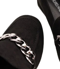 Plush Black Heeled Loafer with Chunky Chain