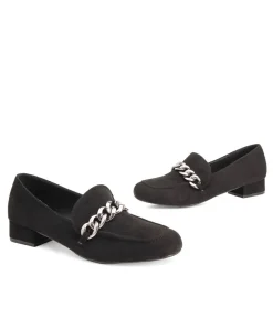Plush Black Heeled Loafer with Chunky Chain