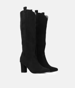 Plush Black Suede Cowboy Style Long Boots