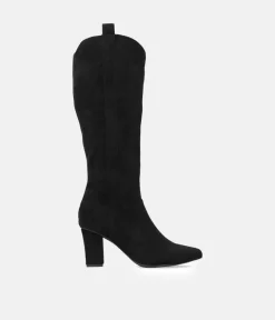 Plush Black Suede Cowboy Style Long Boots