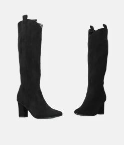 Plush Black Suede Cowboy Style Long Boots
