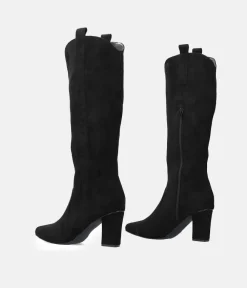 Plush Black Suede Cowboy Style Long Boots