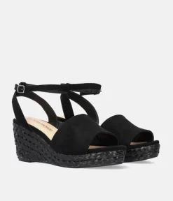 Plush Black Suedette Wedge Sandals