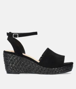 Plush Black Suedette Wedge Sandals