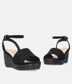 Plush Black Suedette Wedge Sandals