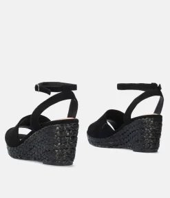 Plush Black Suedette Wedge Sandals