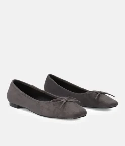 Plush Grey Suede Bow Tie Ballet Flats