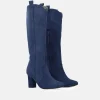 Plush Navy Suede Cowboy Style Long Boots
