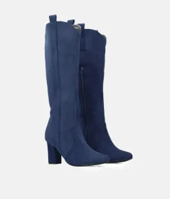 Plush Navy Suede Cowboy Style Long Boots