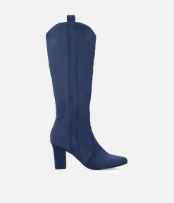 Plush Navy Suede Cowboy Style Long Boots