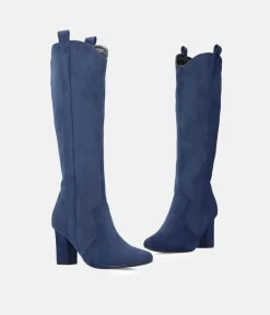 Plush Navy Suede Cowboy Style Long Boots
