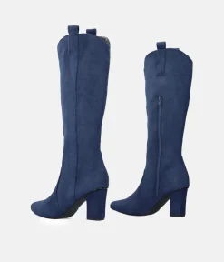 Plush Navy Suede Cowboy Style Long Boots