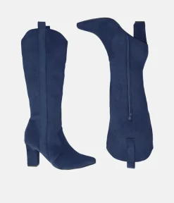 Plush Navy Suede Cowboy Style Long Boots