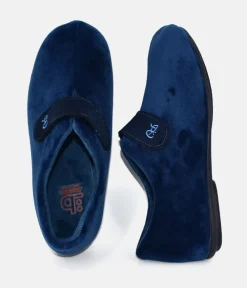 Plush Navy Velcro Strap Slippers