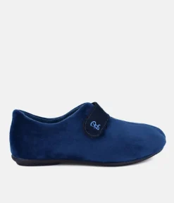 Plush Navy Velcro Strap Slippers