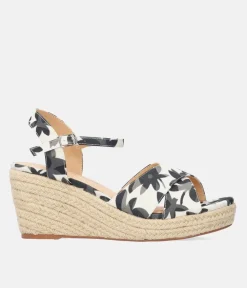 Pretty Black Floral Espadrille Wedge Sandals